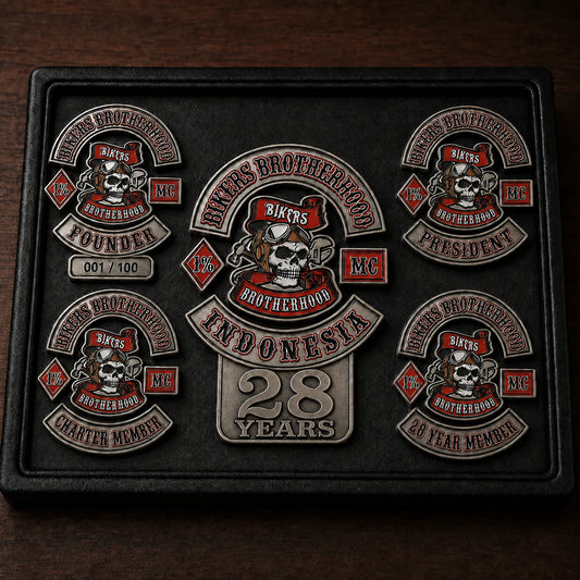 Bikers Brotherhood motorcycle club anniversary badges personalized for a founder, president, charter member and 28-year member.