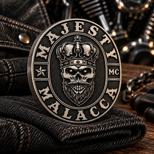 Custom motorcycle club membership challenge coin for member recognition.