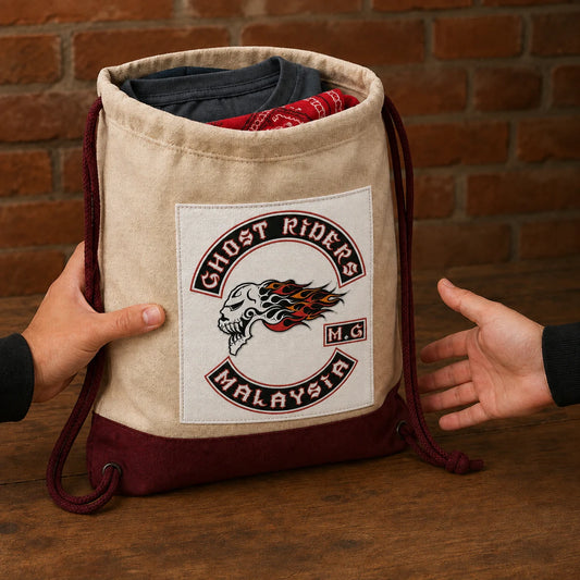Motorcycle club membership gear arranged for welcoming new chapter members.