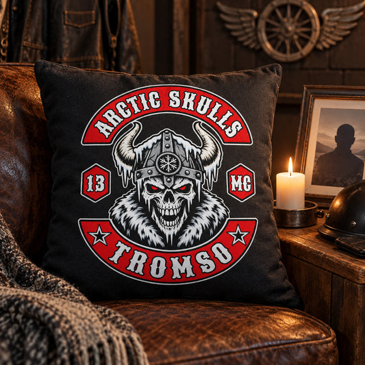 Motorcycle club members place a respectful custom memorial cushion in a clubhouse remembrance display.