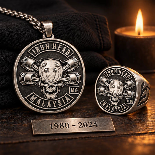 Respectful custom motorcycle club memorial pendant and ring with authorized emblem and commemorative date.