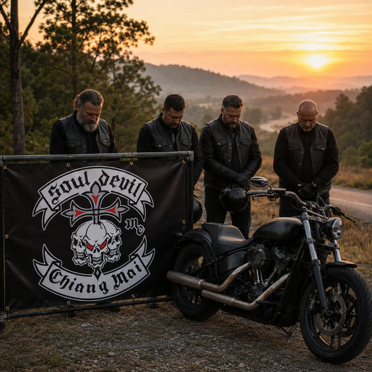 Riders honoring a fallen brother beside a custom memorial ride event banner.