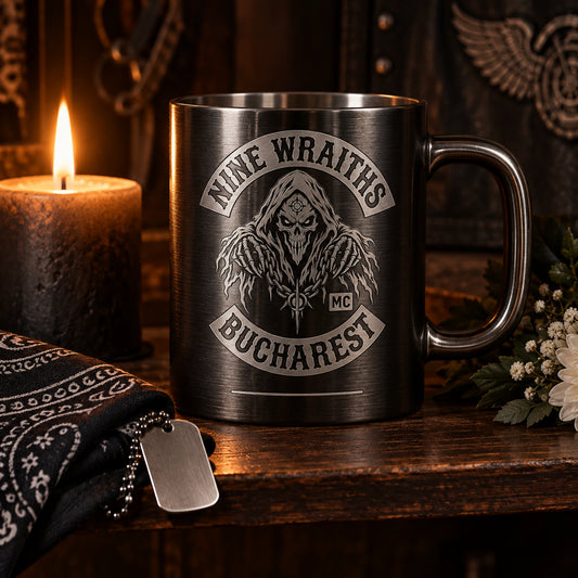 Respectful metal mug beside folded bandana and candle displaying an authorized logo for a custom motorcycle club metal mug project.