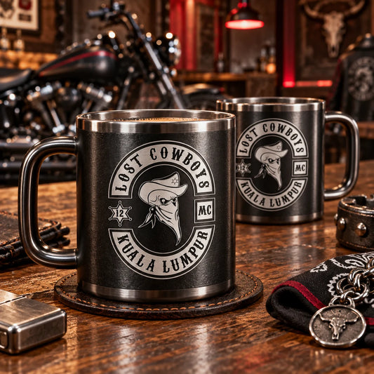 Motorcycle club merchandise displayed on a clubhouse counter during a member gathering.