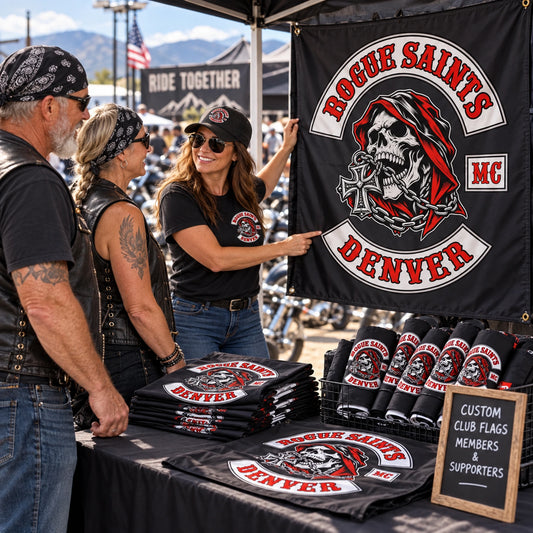 A motorcycle club merchandise booth displays custom hanging flags for members and supporters at a rally.