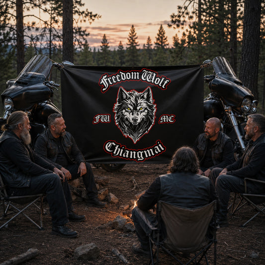 Motorcycle club members gathered around a personalized brotherhood event banner at dusk.