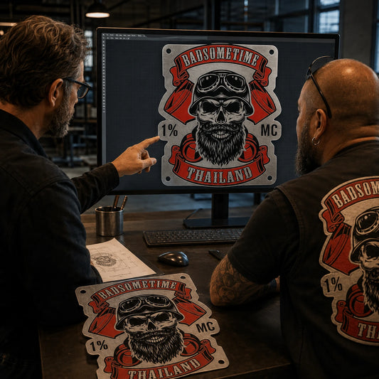 Designer and motorcycle club representative reviewing a metal sign production proof together.