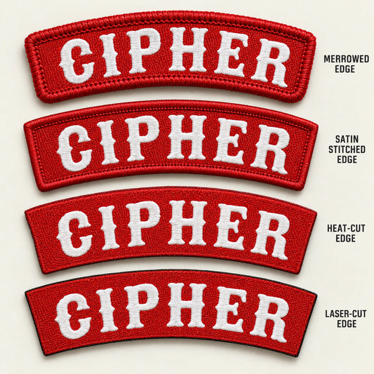 Macro comparison of merrowed, satin-stitched, heat-cut and laser-cut name-bar edges, showing custom motorcycle club name bar patch options.