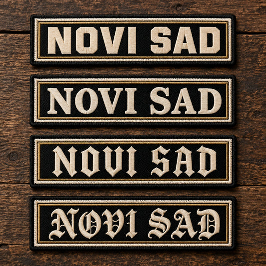 Four physically embroidered name-bar lettering samples: block, traditional, Gothic and Old English, clean readable comparison, showing custom motorcycle club name bar patch options.