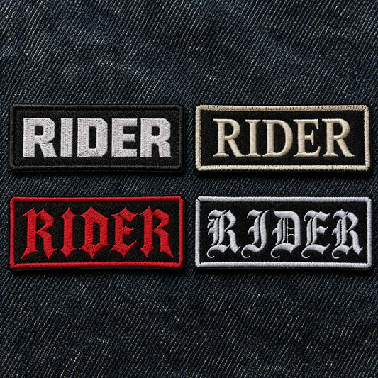Four physically embroidered name-bar lettering samples: block, traditional, Gothic and Old English, clean readable comparison, showing custom motorcycle club name bar patch options.