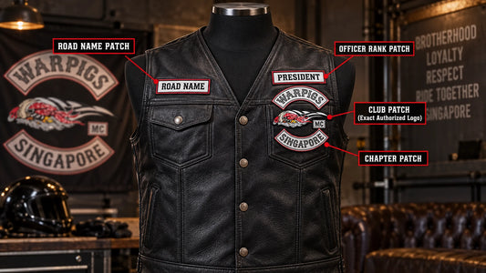 Front-of-vest guide for common motorcycle club officer and identification patch positions.