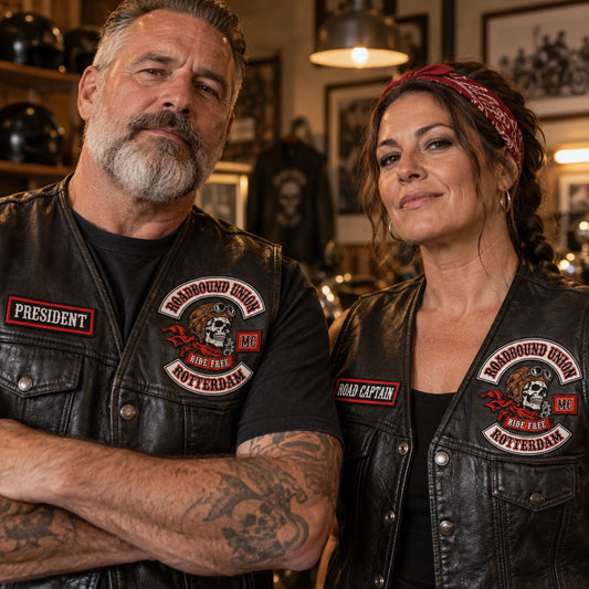 Coordinated PRESIDENT and ROAD CAPTAIN rectangular patches for a motorcycle club, shown at clubhouse vest fitting area.