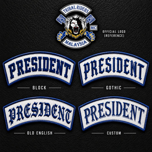 Motorcycle club officer patches comparing four lettering styles.