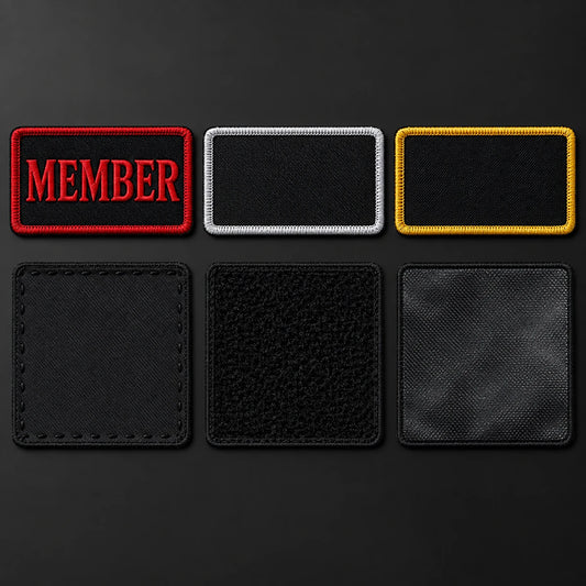 Sew-on hook-and-loop and iron-on options shown as a custom motorcycle club membership patch product.