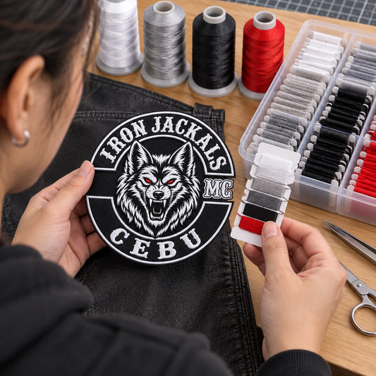 Chest patch beside organized thread cards for a motorcycle club, shown at thread matching station.