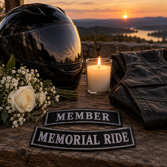 Membership patches for anniversary and memorial rides shown as a custom motorcycle club membership patch product.