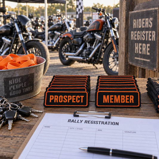 Membership patches at motorcycle rallies shown as a custom motorcycle club membership patch product.