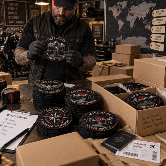 Finished motorcycle club custom order being packed for worldwide shipping.