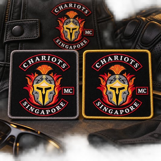 Prospect and member status patches shown for a custom motorcycle club patch system in chapter gear table.