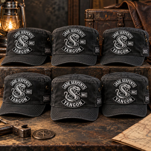 Commemorative military cadet caps arranged for a club run and anniversary order.