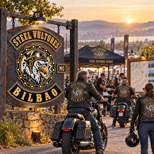 Motorcycle club riders arriving beside a custom metal event sign at an annual run and rally check-in.