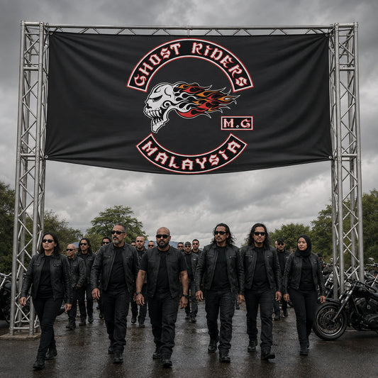 A bold custom club banner welcoming riders to a regional motorcycle rally.