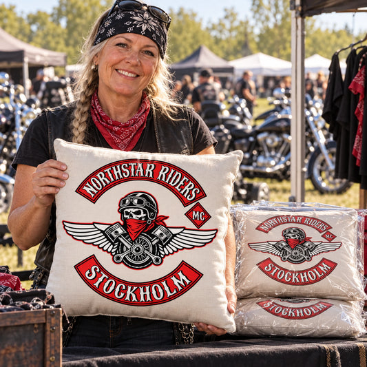 Custom motorcycle club cushion offered as limited merchandise at an annual rally.