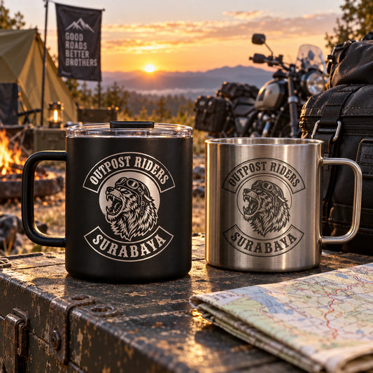 Metal camp mug at sunrise rally campsite displaying an authorized logo for a custom motorcycle club metal mug project.