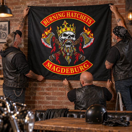 Motorcycle club members use a custom rectangular flag for built for club displays in a realistic American V-twin setting.