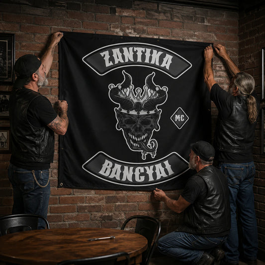 Motorcycle club members use a custom rectangular flag for built for club displays in a realistic American V-twin setting.