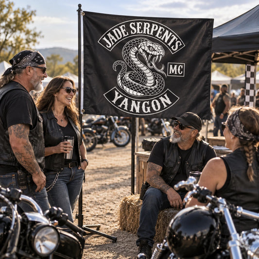 Motorcycle club members use a custom rectangular flag for motorcycle rally event flags in a realistic American V-twin setting.