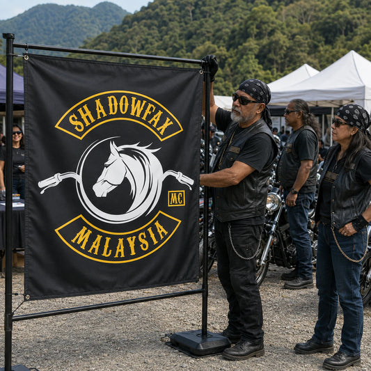 Motorcycle club members use a custom rectangular flag for motorcycle rally event flags in a realistic American V-twin setting.