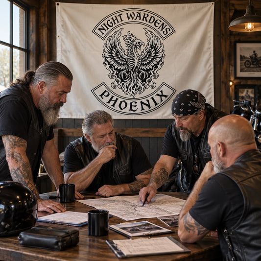 Motorcycle club members use a custom rectangular flag for motorcycle club experience in a realistic American V-twin setting.