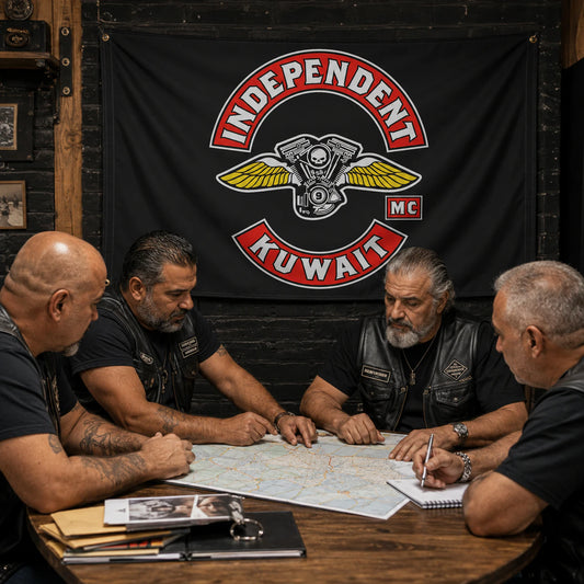 Motorcycle club members use a custom rectangular flag for motorcycle club experience in a realistic American V-twin setting.