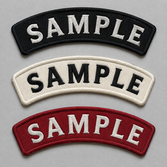 Custom motorcycle club rocker samples comparing black, white, and muted red embroidered twill backgrounds.