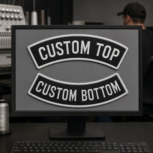 Motorcycle club rocker design proof showing neutral patch geometry on an embroidery design workstation.