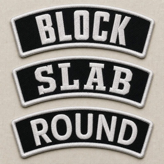 Custom motorcycle club rocker lettering samples with clear neutral placeholder words and visible embroidery texture.