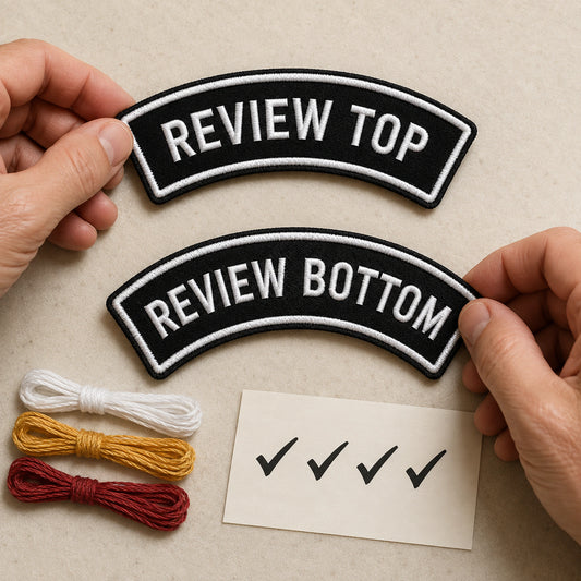 Motorcycle club rocker material review with neutral samples, thread colors, and border construction details.