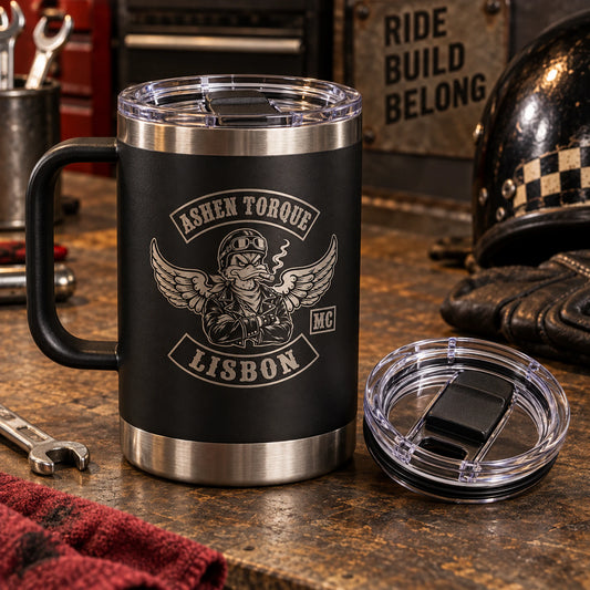 Travel mug lid and drinking opening product detail displaying an authorized logo for a custom motorcycle club metal mug project.