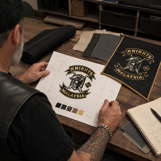 Motorcycle club rider preparing approved logo artwork and measurements for a custom swallowtail flag.