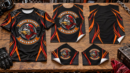 Front, back and sleeve customization areas on a motorcycle club performance shirt.