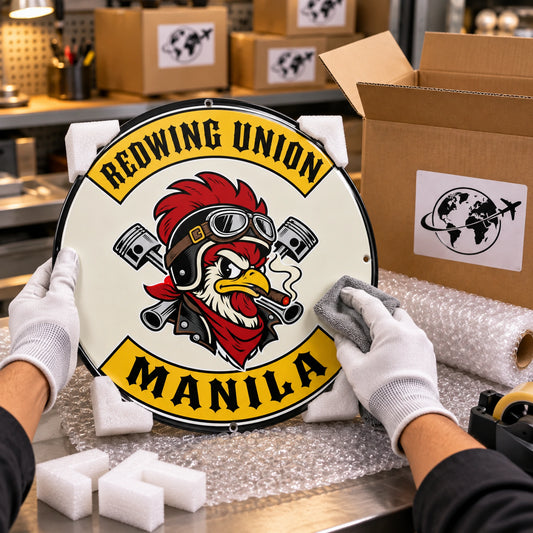 Finished motorcycle club metal sign being inspected wrapped and packed for worldwide shipping.