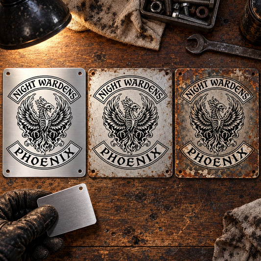 Motorcycle club tin sign samples comparing clean distressed and aged-metal finishes.