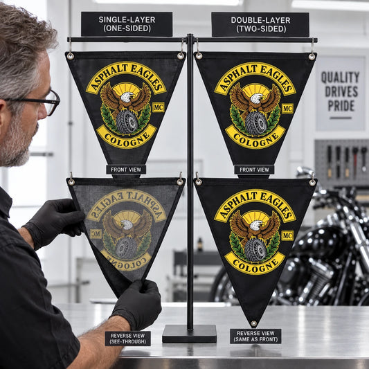 A product inspector compares single-sided and double-sided motorcycle club triangle flags.