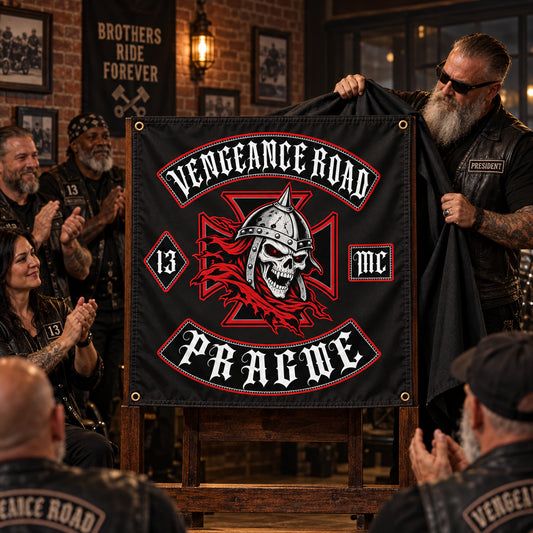 Motorcycle club members applaud as a custom Vengeance Road square flag is unveiled at a milestone ceremony.