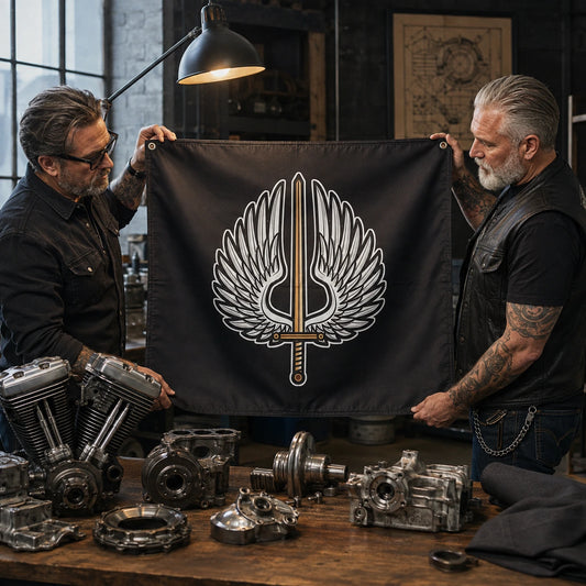 A designer and mature rider review custom motorcycle club flag artwork beside V-twin engine parts.