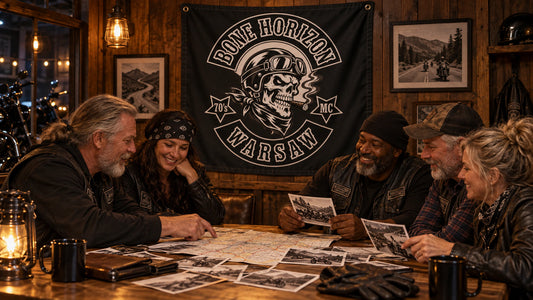 Mature motorcycle club members share ride memories beneath a custom Bone Horizon square flag.