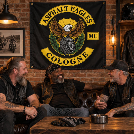 Mature riders gather beneath a custom Asphalt Eagles square flag in a brick clubhouse lounge.