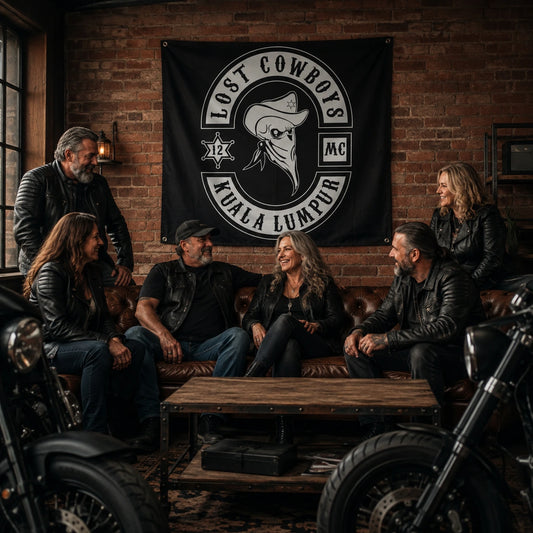 Mature motorcycle club riders gather beneath a custom square flag in a brick clubhouse lounge.