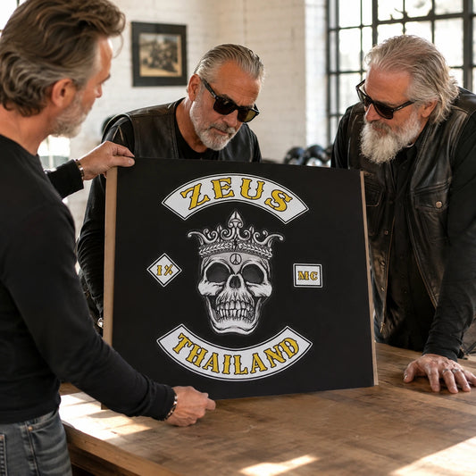 Two mature motorcycle club riders review a custom square flag concept presented by a designer.